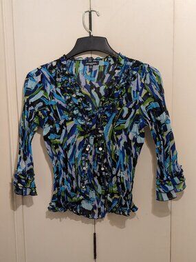 Notations Blouse -3/4 sleeves -Blue print  -Sz PM -Ruffle crinkle -Condition VG